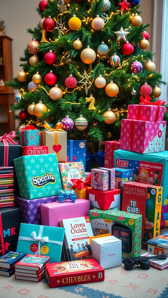 A collection of Christmas gifts for a 12-year-old, including toys, books, and gadgets, arranged under a Christmas tree.